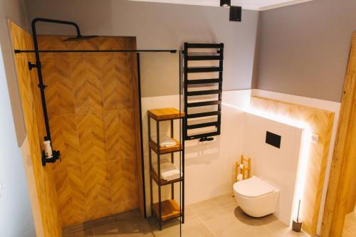 a bathroom with a shower and a toilet at Apartamenty 'Okno z widokiem' in Wisła
