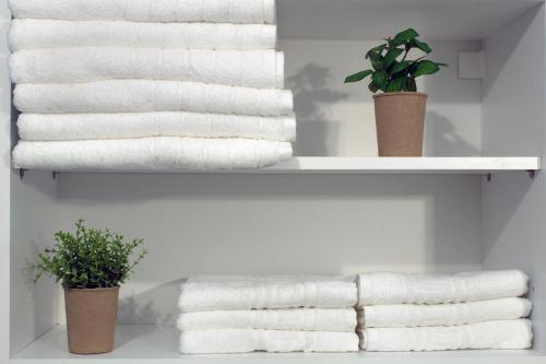 a white shelf with towels and a plant at Lithia s Stonehouse. Το πέτρινο στη Λιθιά - Καστοριά in Lithiá