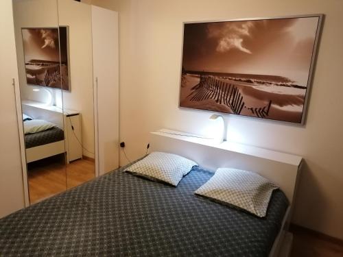 ein Schlafzimmer mit einem Bett mit zwei Kissen darauf in der Unterkunft Joli Appartement Coquet in Reims