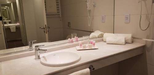 a bathroom with a sink and a large mirror at RENTAL SUITES CAMPANA in Campana