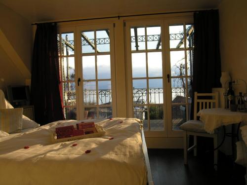 博登湖畔克雷斯波洛的住宿－Pension am Bodensee (Adults only)，一间卧室设有一张床和一个大窗户