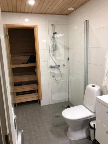 e bagno con servizi igienici e doccia in vetro. di Niittylä Apartments a Rovaniemi