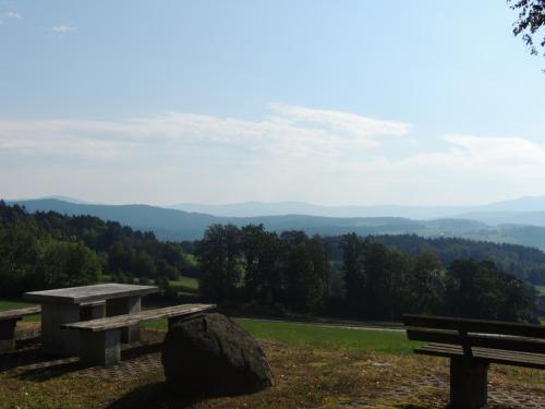 a picnic bench and a rock on top of a hill at FW Zauberblick in Zwiesel