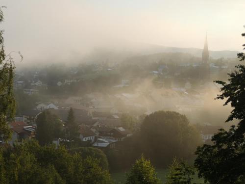 a city in the fog with a church in the background at FW Zauberblick in Zwiesel
