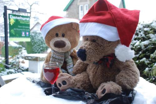 two teddy bears wearing christmas hats sitting next to a glass of wine at Denehurst Guest House - Adults Only in Windermere