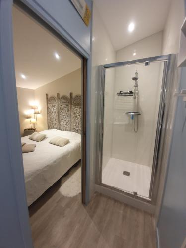 Schlafzimmer mit einem Bett und einer Glasdusche in der Unterkunft Wisteria Cottage in Fleurines
