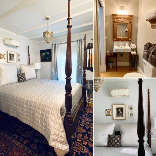 a bedroom with a large bed and a sink at 1000 Islands Bed and Breakfast-The Bulloch House in Gananoque