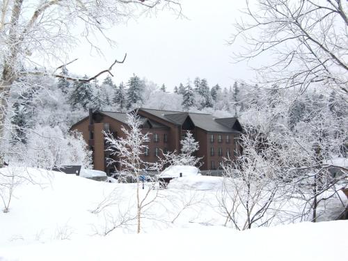 a building covered in snow with trees in front of it at Higashikawa Asahidake Onsen Hotel Bear Monte in Higashikawa