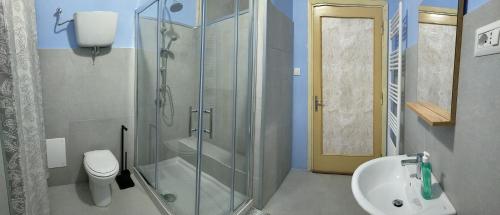 a bathroom with a shower and a toilet and a sink at traivicolidifoligno in Foligno
