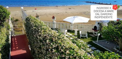 an image of a beach with an umbrella and a sign at Casa Genny in Nettuno