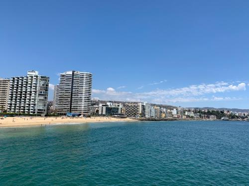 a view of a beach and a city with buildings at Departamento en Playa Acapulco viña del mar in Viña del Mar