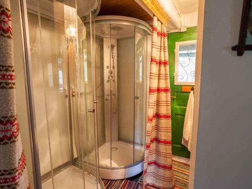 - une douche en verre dans une chambre aux murs verts dans l'établissement Holiday home in Mühlbach im Pinzgau 35597, à Dorf