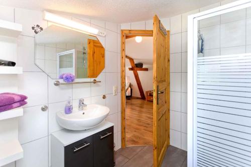 a bathroom with a sink and a mirror at Studio in Gross Kordshagen I in Arbshagen