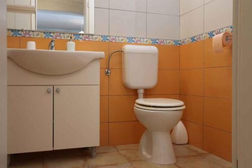 Apartment in Silo/Insel Krk 13550 في سيلو: حمام به مرحاض أبيض ومغسلة