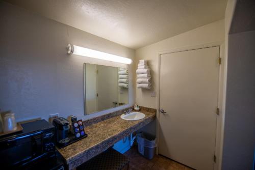 a bathroom with a sink and a mirror at Reeds Lodge in Springerville