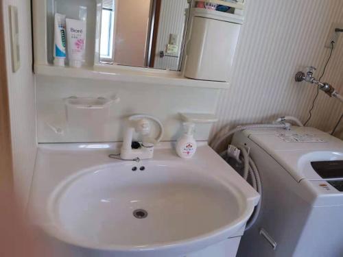 a bathroom with a white sink and a mirror at 臨湖荘 in Takashima