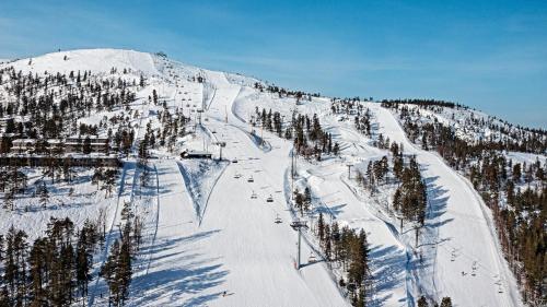 a snow covered ski slope with trees on a mountain at Ski-inn kelohuoneisto Pyhätunturissa in Pelkosenniemi