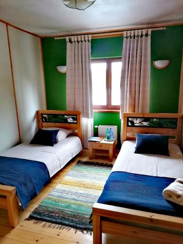 two beds in a room with green walls at LVM tūrisma un atpūtas centrs "Ezernieki" in Meirāni