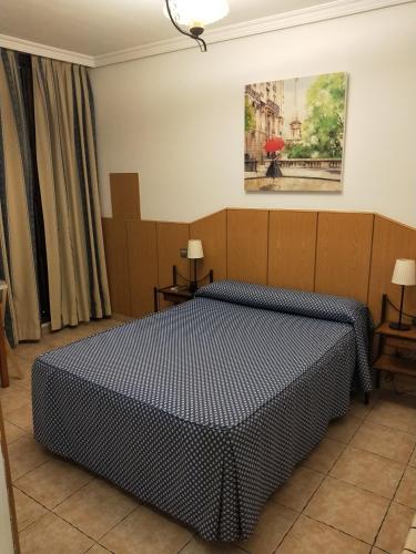 a bedroom with a bed with a blue comforter at Hostal Maria Ronda in Madrid