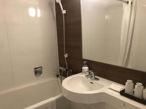 ein Badezimmer mit einem Waschbecken, einem Spiegel und einer Badewanne in der Unterkunft Sunrise Choshi in Choshi