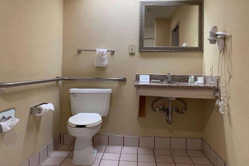 a bathroom with a toilet and a sink and a mirror at Days Inn by Wyndham Blythe in Blythe