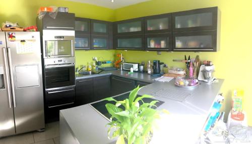 une cuisine avec un réfrigérateur en acier inoxydable et un comptoir dans l'établissement Chambres Morgan Océane, à Villeveyrac