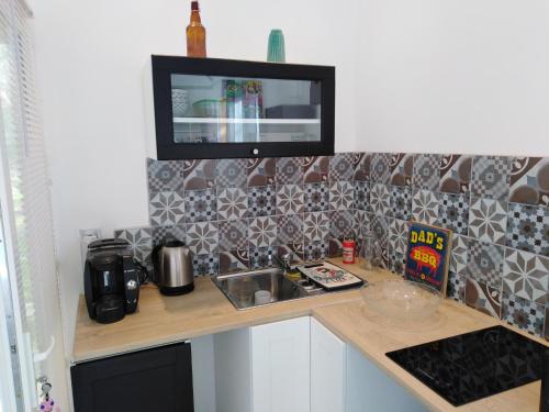 - un comptoir de cuisine avec évier et une télévision murale dans l'établissement Le chalet du Bord de l'eau, à Sainte-Terre