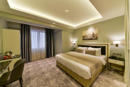 伊斯坦堡的住宿－Kare Hotel Sultanahmet，酒店客房设有一张大床和一张书桌。