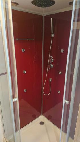 La salle de bains est pourvue d'une douche aux murs rouges. dans l'établissement Petit studio parmi les pins et les cypres, à Marseille