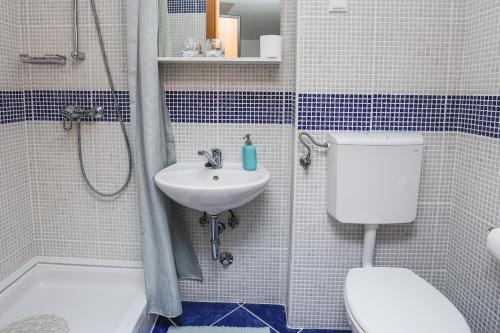 een badkamer met een toilet, een wastafel en een douche bij App Hedonist in Novigrad Istria