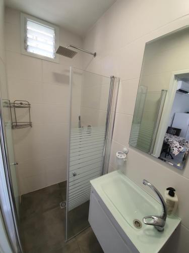 bagno con doccia, lavandino e specchio di Eilat vacation studio סטודיו נופש באילת a Eilat