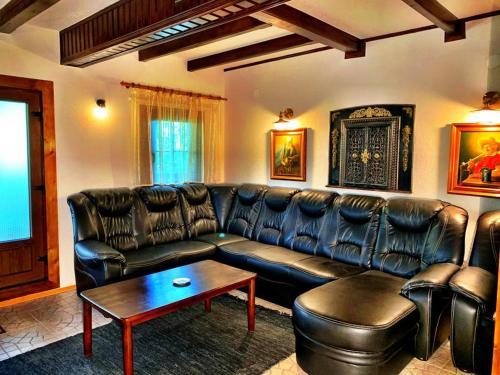 a living room with a leather couch and a table at Pensiunea Apfelhaus in Cisnadioara