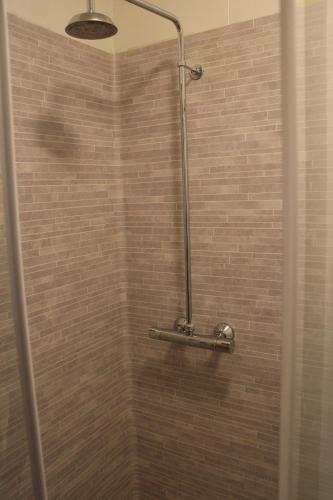 a shower with a glass door in a bathroom at Hótel Á in Reykholt