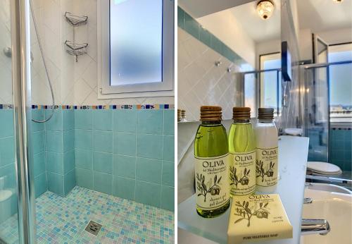 - deux photos d'une salle de bains avec deux bouteilles d'alcool dans l'établissement Nestor&Jeeves - LAVINIA - Central - Close sea, à Nice