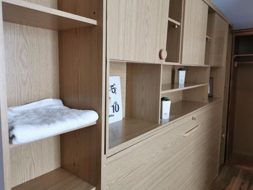 a room with wooden cabinets and a bed in it at Pensiunea Bradet - Padis in Padis