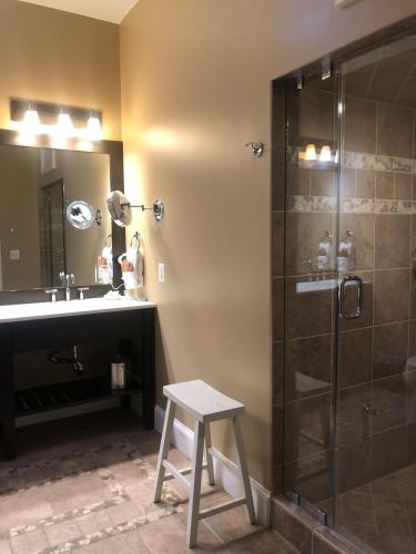 a bathroom with a shower and a stool next to a sink at Suites at 249 in Culpeper
