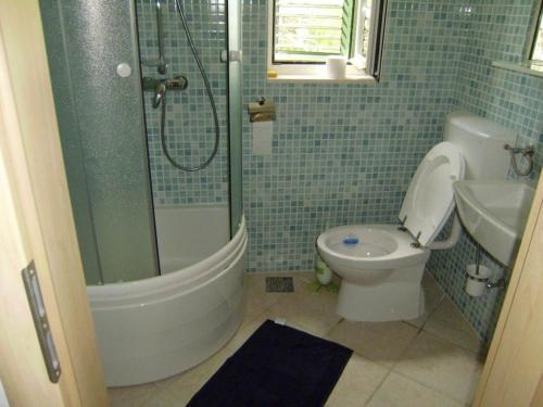 een badkamer met douche, toilet en wastafel bij Beachfront Apartment in Tri Porte, with sea view, terrace, air conditioning, WiFi 5208-2 in Potirna