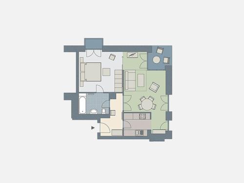 Načrt razporeditve prostorov v nastanitvi Kaiservillen Heringsdorf - Ferienwohnung mit 1 Schlafzimmer und Terrasse D204