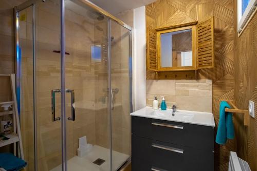 une salle de bain avec douche et lavabo dans l'établissement La Vendéenne, à La Meilleraie-Tillay