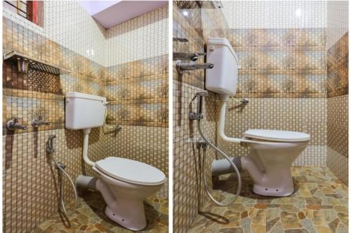 two pictures of a bathroom with a toilet and a shower at CARMEL HOME STAY in Munnar