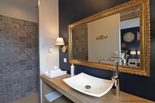La salle de bains est pourvue d'un lavabo et d'un miroir. dans l'établissement La Grange Bagnolaise, à Bagnoles-de-l'Orne