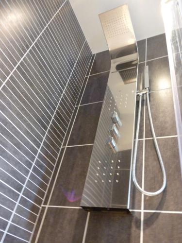 une salle de bain avec douche aux carreaux gris dans l'établissement Le Gîte de L'Ours, à Saint-Ours