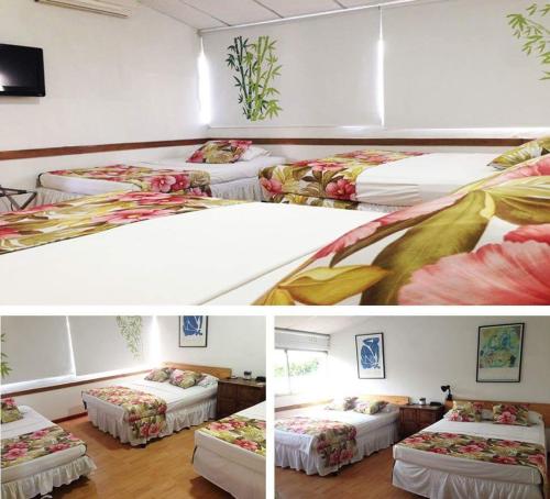 two pictures of a room with three beds at Edificio Neuchabel in Cali