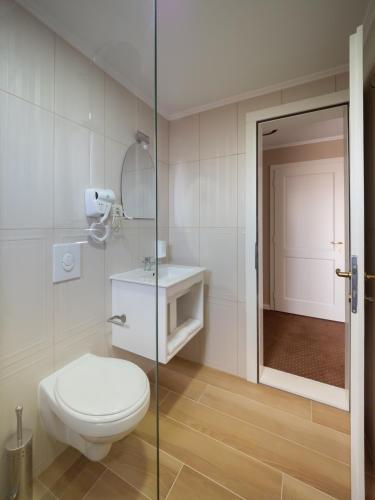 a bathroom with a toilet and a glass shower at Pensiunea RYN in Sebeş