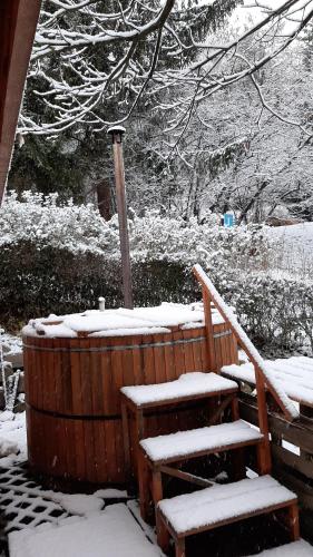a snow covered stairway with a snow covered tub and stairs at Onix- Kis-tó Apartman ORFŰ in Orfű