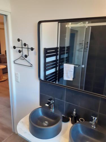 ein Badezimmer mit einem blauen Waschbecken und einem Spiegel in der Unterkunft CHARMES EN VILLE Le Charme Poétique in Montluçon