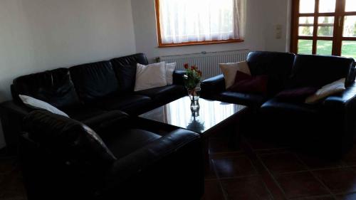 フォニョードにあるHoliday home in Fonyod/Balaton 18705のリビングルーム(黒い革張りのソファ、コーヒーテーブル付)