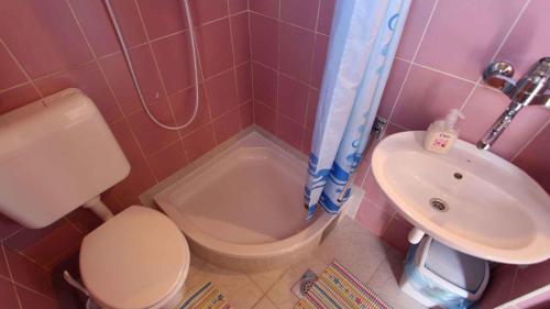 un bagno rosa con servizi igienici e lavandino di Apartments in Malinska/Insel Krk 14421 a Sveti Anton