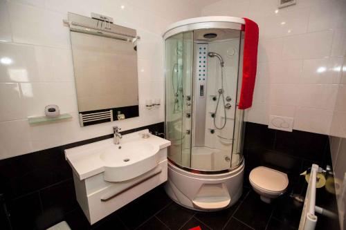 uma casa de banho com um chuveiro, um lavatório e um WC. em Apartment Crikvenica 20 em Crikvenica