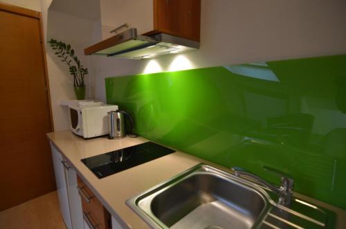 a kitchen with a sink and a green wall at GrandVille Apartments in Bucharest